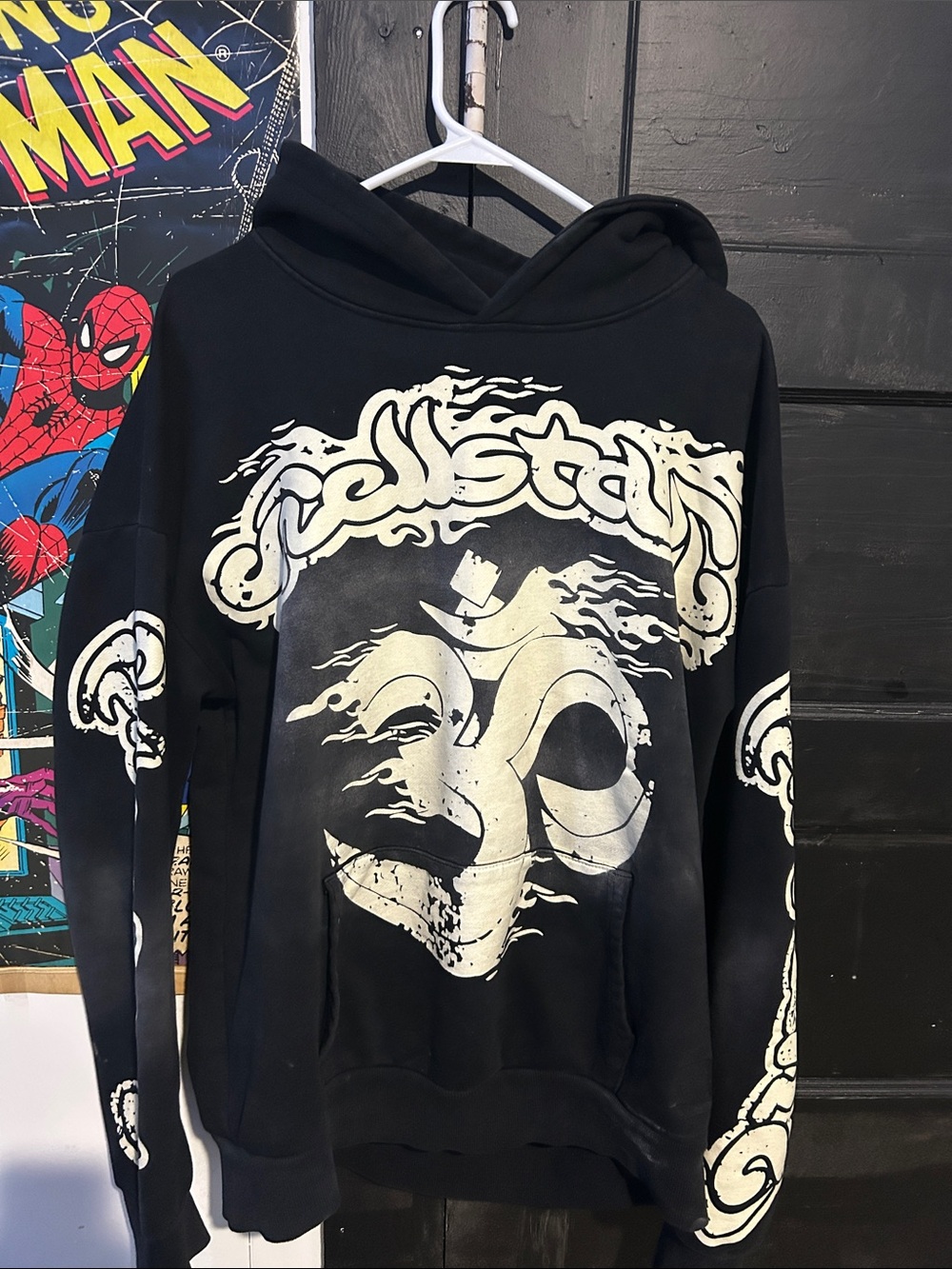 Black Pullover Hoodie with Cream Graphic Mask